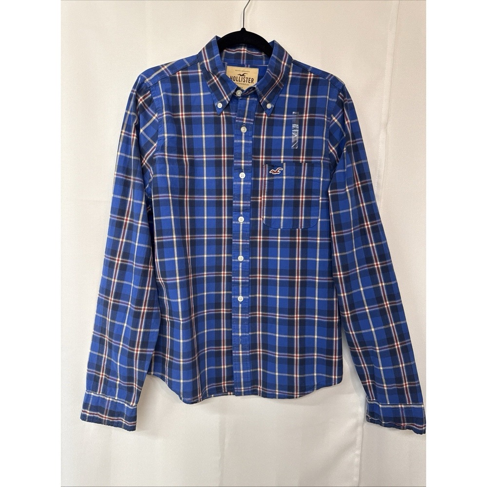 NWT Hollister Men's Sz L Casual Button Up Shirt Plaid Blue‎ Slim Preppy Grunge